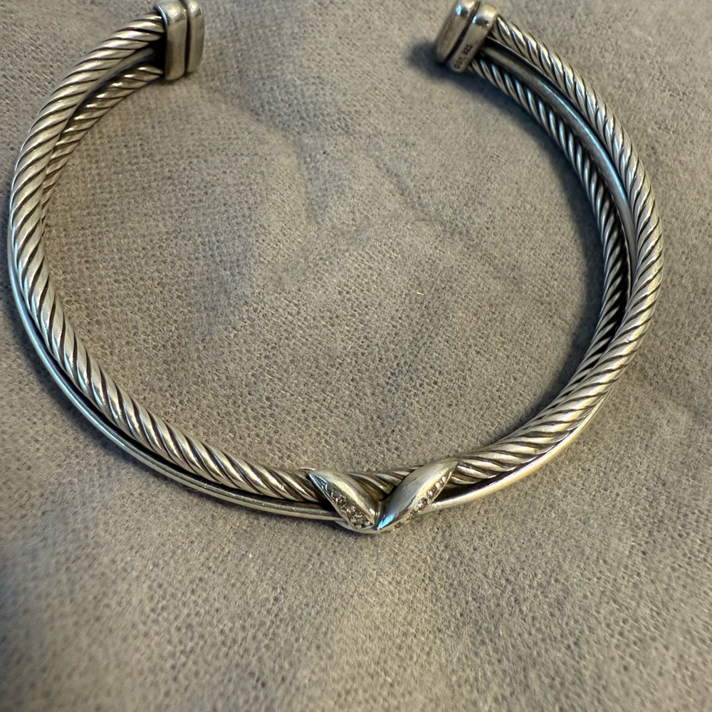 David Yurman Sterling Silver Twisted Cable Bracelet with Diamonds.